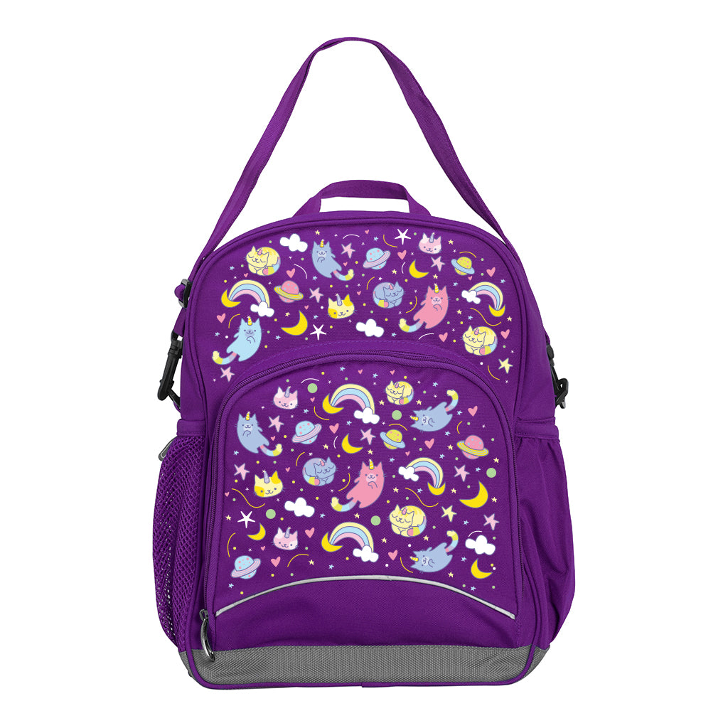 Harlequin Kindy Tuff-Pack Junior Backpack in Purple featuring Kittycorn design from the Harlequin Creatix signature series. Angled view showing front pocket, drink bottle pocket, and ergonomic shoulder strap.