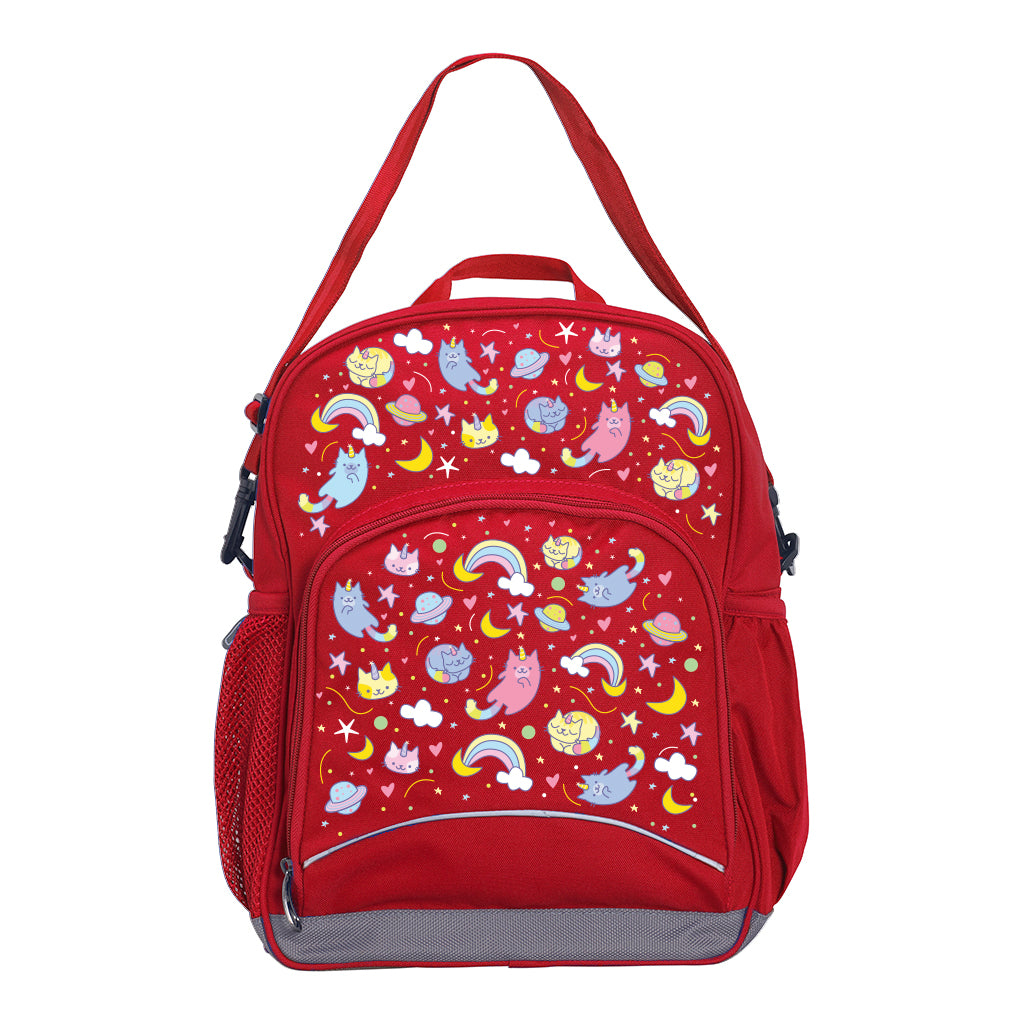 Harlequin Kindy Tuff-Pack Junior Backpack in Red featuring Kittycorn design from the Harlequin Creatix signature series. Angled view showing front pocket, drink bottle pocket, and ergonomic shoulder strap.