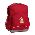Harlequin Kindy Tuff-Pack Backpack in red, front side angle displaying parent strap, padded shoulder straps, top zipper compartment, front zipper pocket and mesh water bottle holder