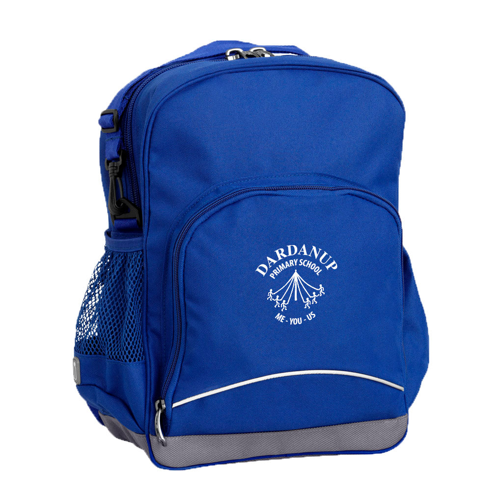 Royal Blue Kindy Tuff-Pack front angle view showing a small front pocket and a dardanup logo