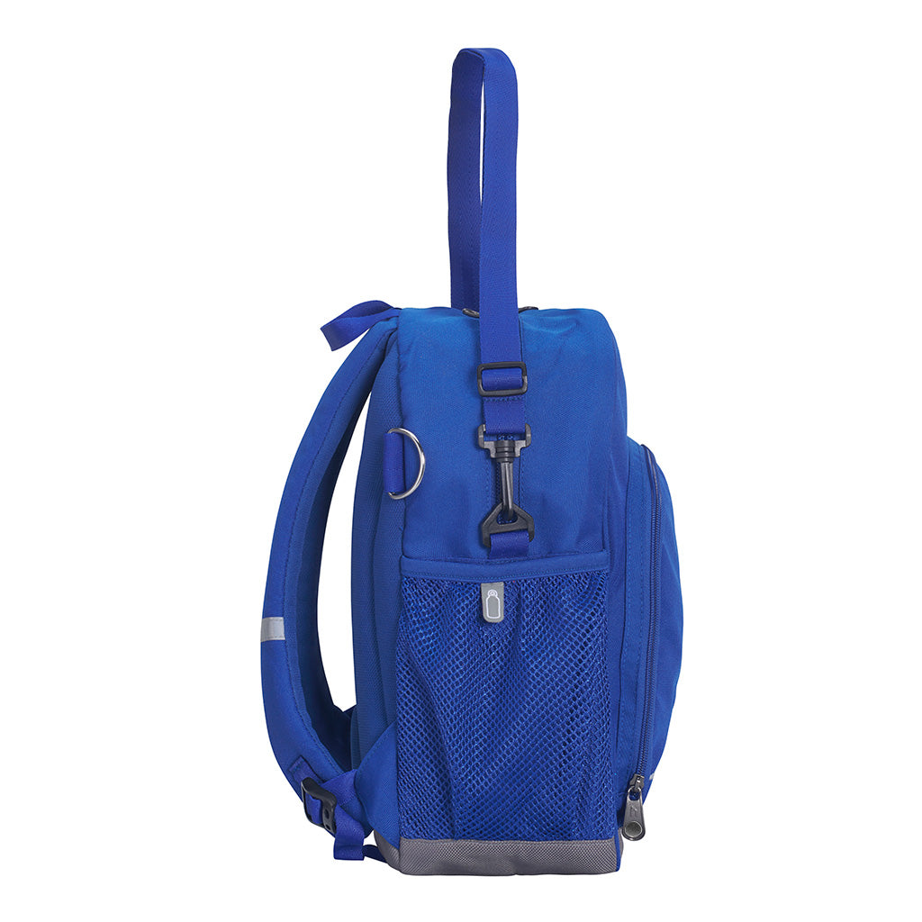 Royal Blue Kindy Backpack side view with drink bottle holder, parent carrying strap and D ring key chain holder