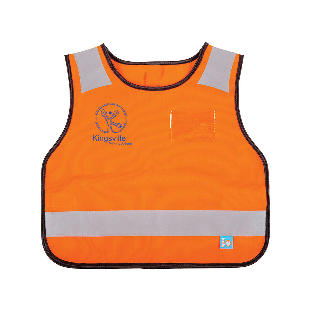 Harlequin Hi-Viz orange safety bib displaying reflective stripes and patches with Kingsville logo