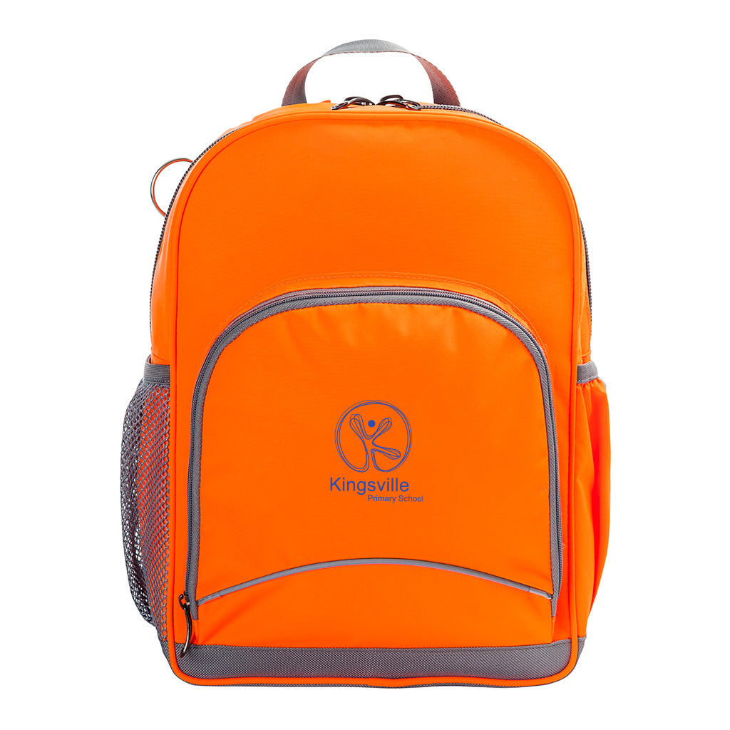 Hi-Viz orange Kindy Tuff-Pack front angle view showing a small front pocket, carry handle, D-ring, mesh water bottle holder and Kingsville logo