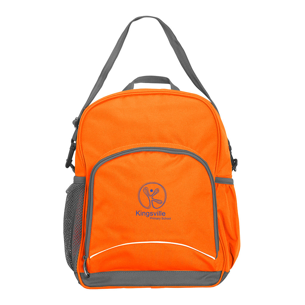 Hi-Viz orange Kindy Tuff-Pack front angle view showing parent carrying strap, small front pocket, small carry handle, D-ring, mesh water bottle holder with Kingsville logo