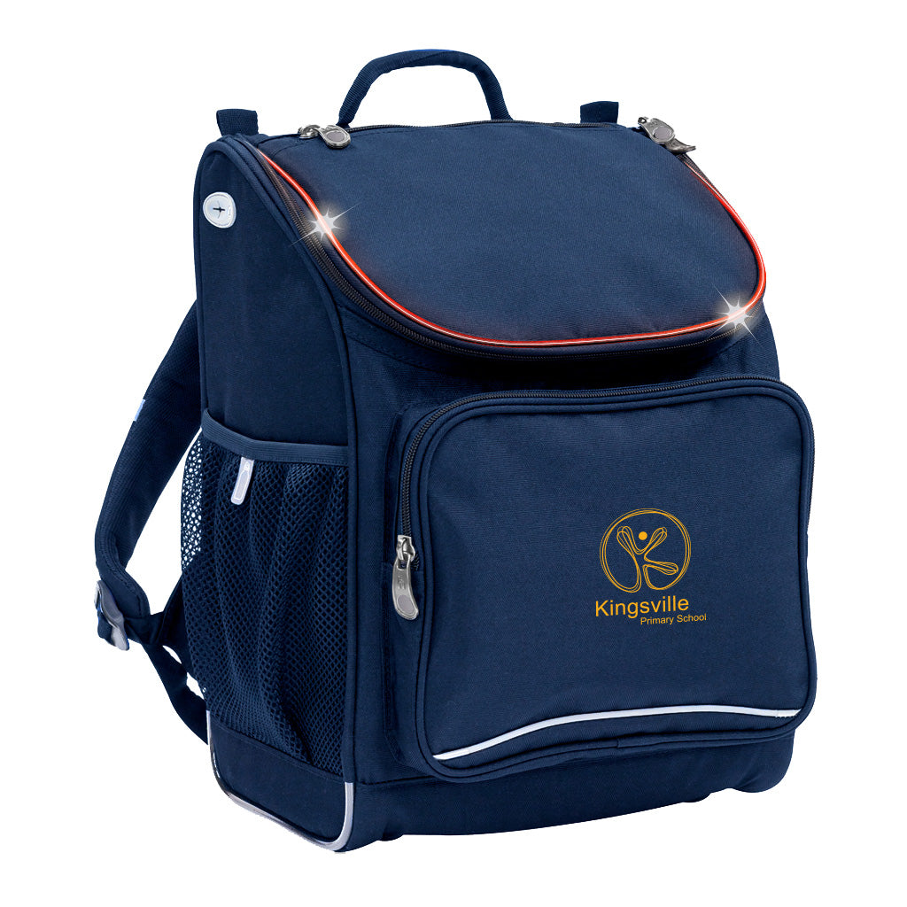 Mighty backpack in colour Navy, front side angle displaying carry handle, padded shoulder straps, top zipper compartment, front zipper pocket and mesh water bottle holder with Kingsville Primary School logo