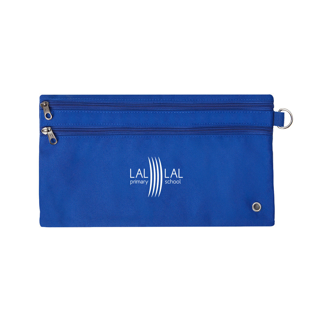 Harlequin royal pencil case front angle displaying two zip compartments and D-ring with LAL LAL Primary School logo