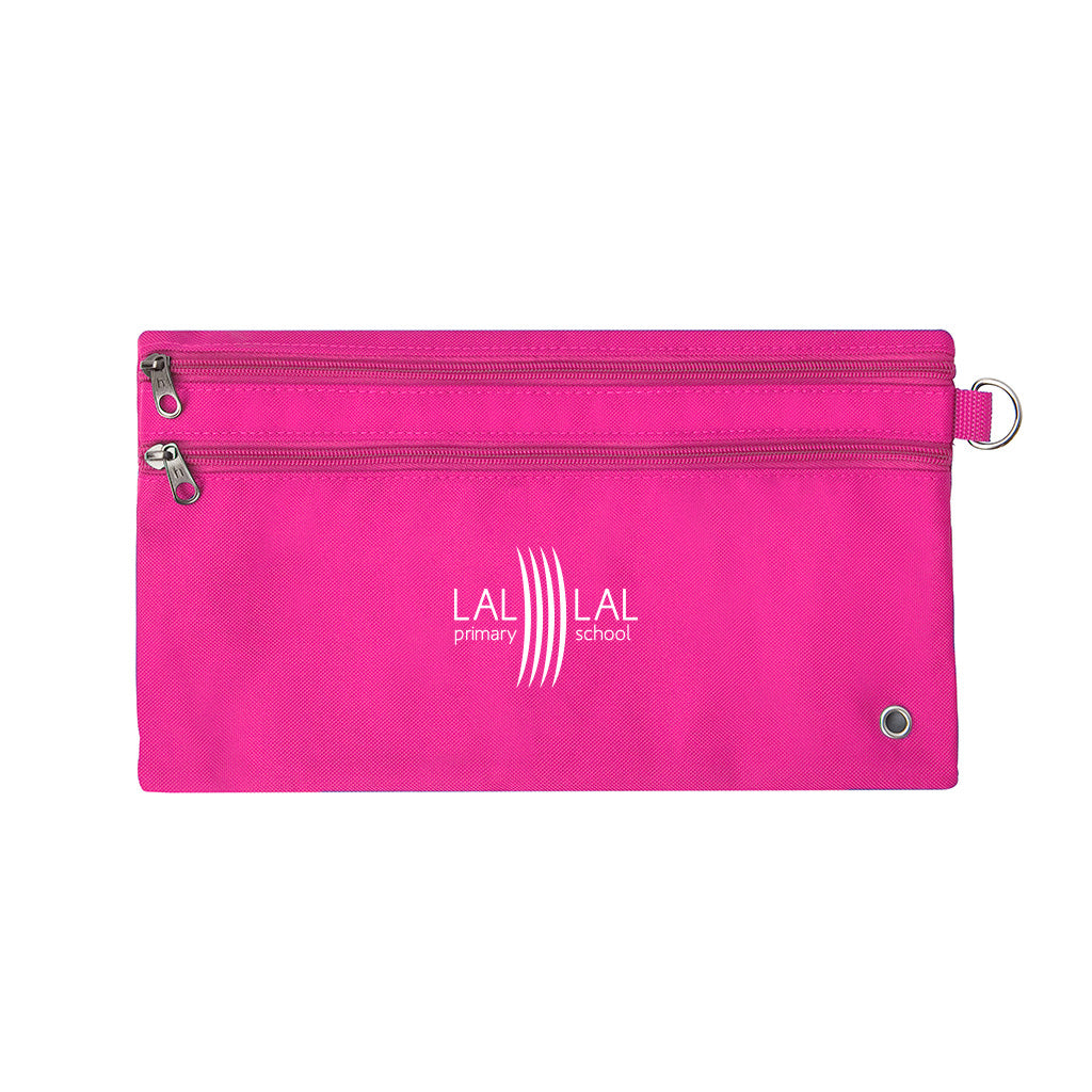 Harlequin pink pencil case front angle displaying two zip compartments and D-ring with LAL LAL Primary School logo