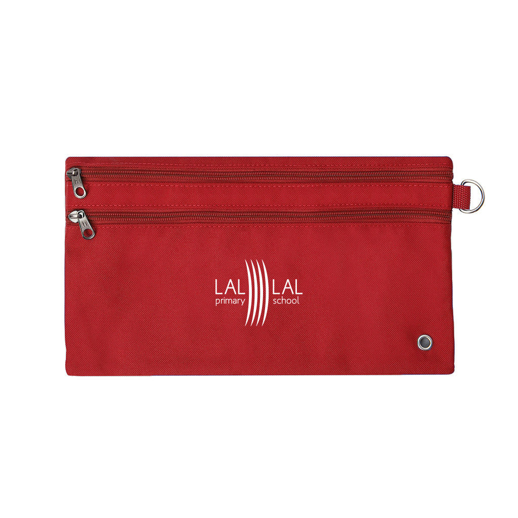 Harlequin red pencil case front angle displaying two zip compartments and D-ring with LAL LAL Primary School logo