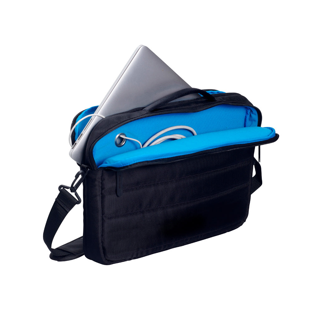 Harlequin TECH messenger bag displaying carry handle, two zip compartments with blue lining and shoulder strap
