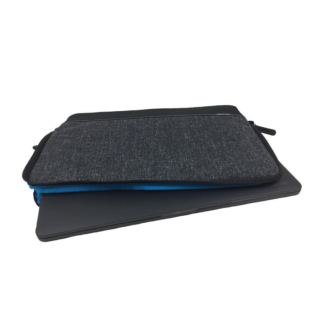 Back view of a black 13 inch laptop sleeve with a name card holder on reverse, shown with a laptop inside.