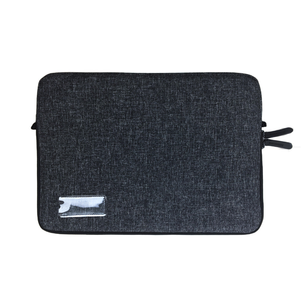 Back view of a black 13 inch laptop sleeve with a name card holder on reverse.