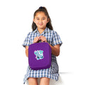 A young girl smiling holding a Harlequin large lunch bag in Purple with a personalised design of a roller skate in sky blue.