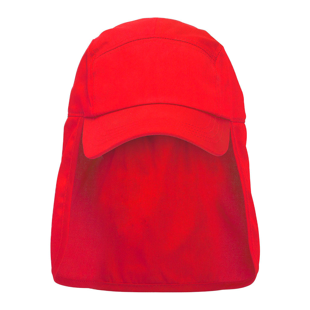 Harlequin red legion cap displaying a soft cap with a rounded crown and a stiff ball sitting on the top of the hat with a fabric neck flap