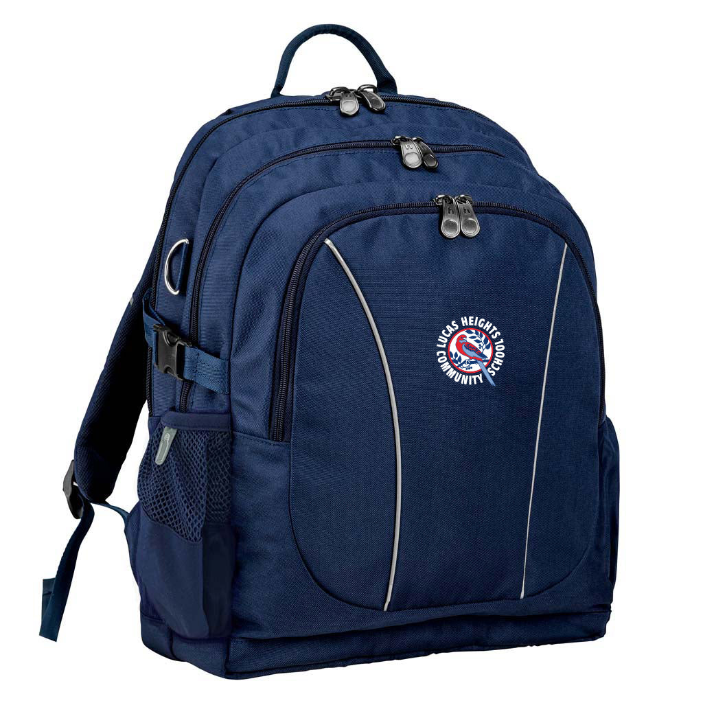 Lucas Heights Community School front angle view of the Genius Backpack in colour Navy, featuring anatomical zippers, buckles, three pockets, reflective piping, retractable side support straps, water bottle pocket, and D-ring keychain holder
