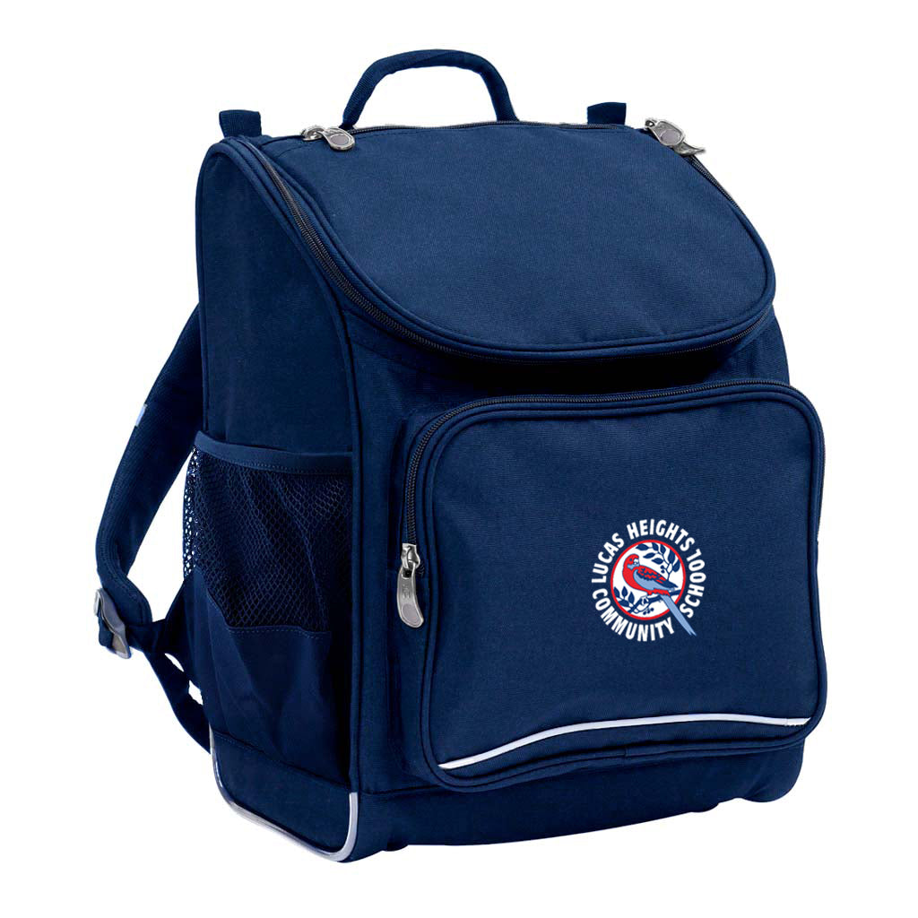 Mighty backpack in colour Navy, front side angle displaying carry handle, padded shoulder straps, top zipper compartment, front zipper pocket and mesh water bottle holder with Lucas Heights Community School logo