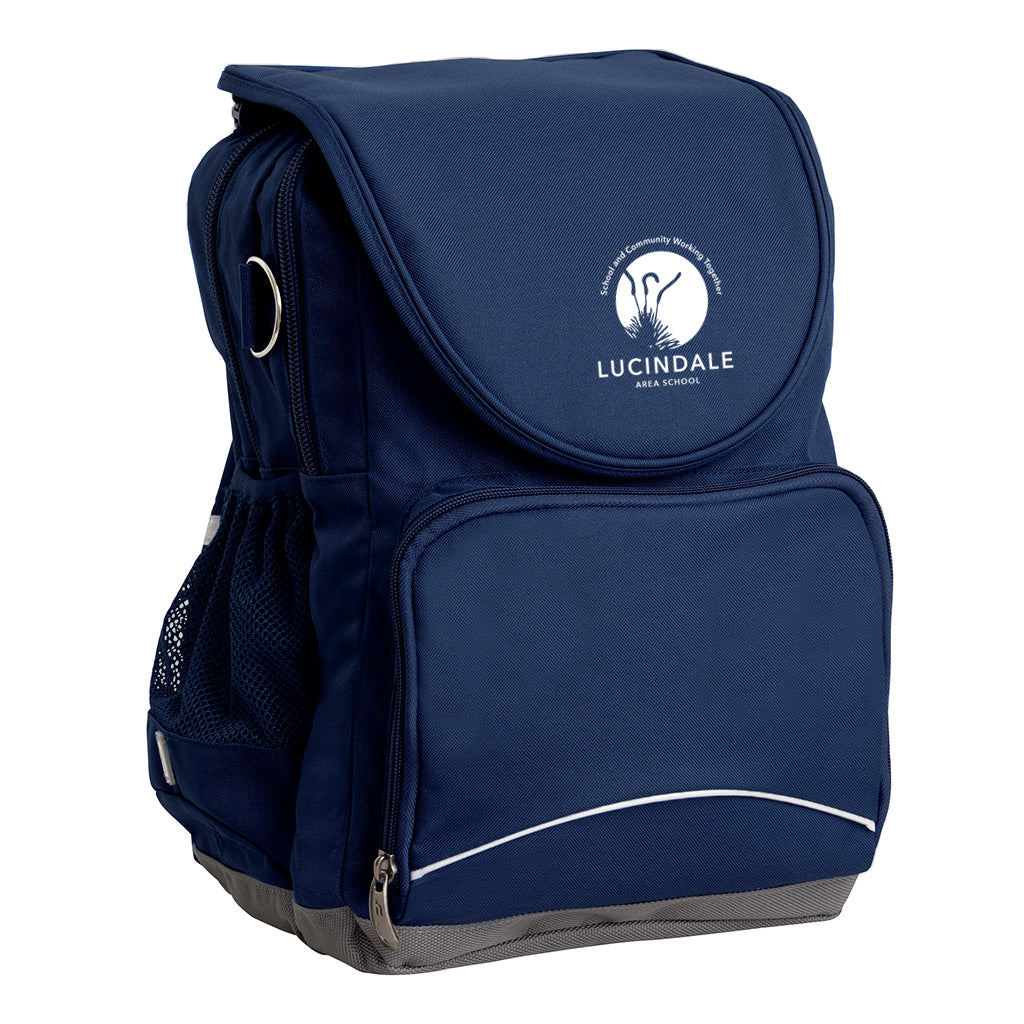 Lucindale Area School Ergo Tuff-Pack backpack Navy. Front side angle, padded shoulder straps, two zipper compartments, front zipper pocket, D-Ring and mesh water bottle.