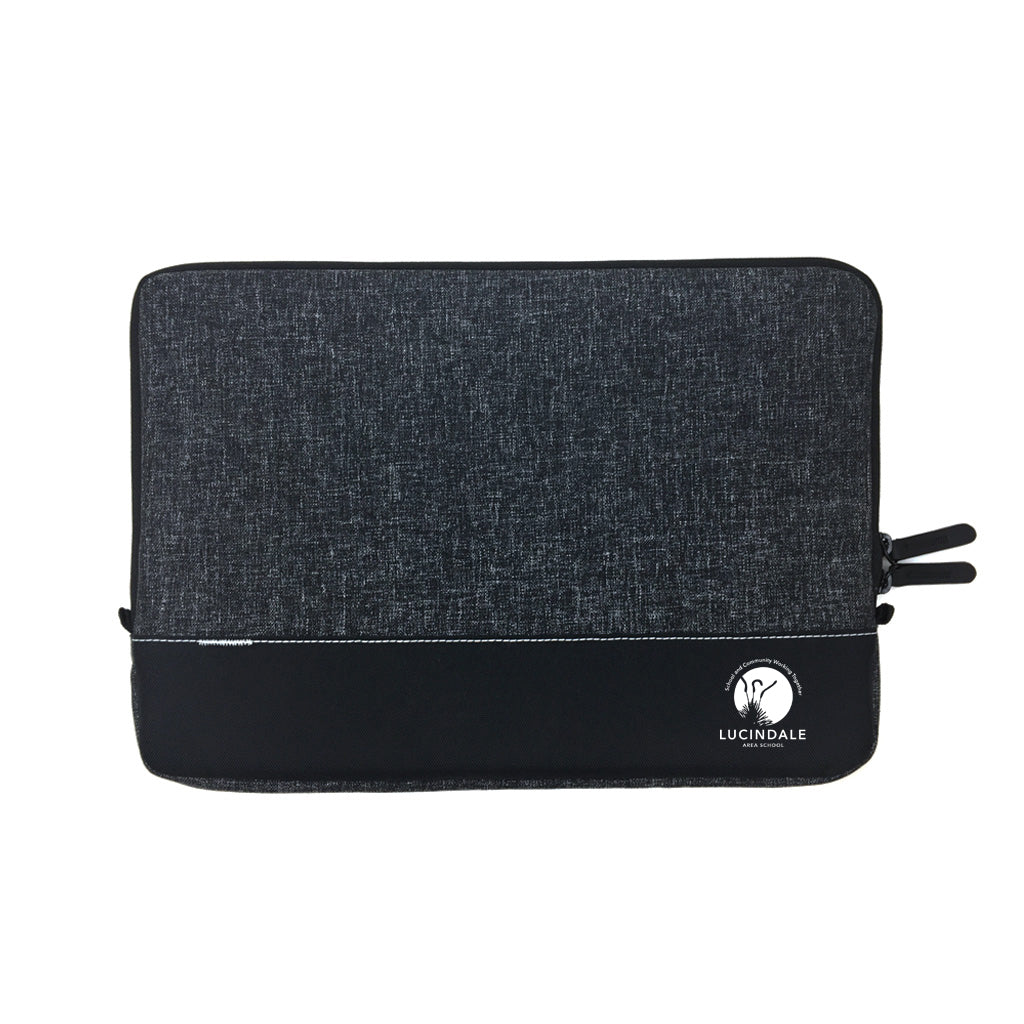 Front view of a Black 13 inch laptop sleeve with mixed fabric detail and visible stitching,