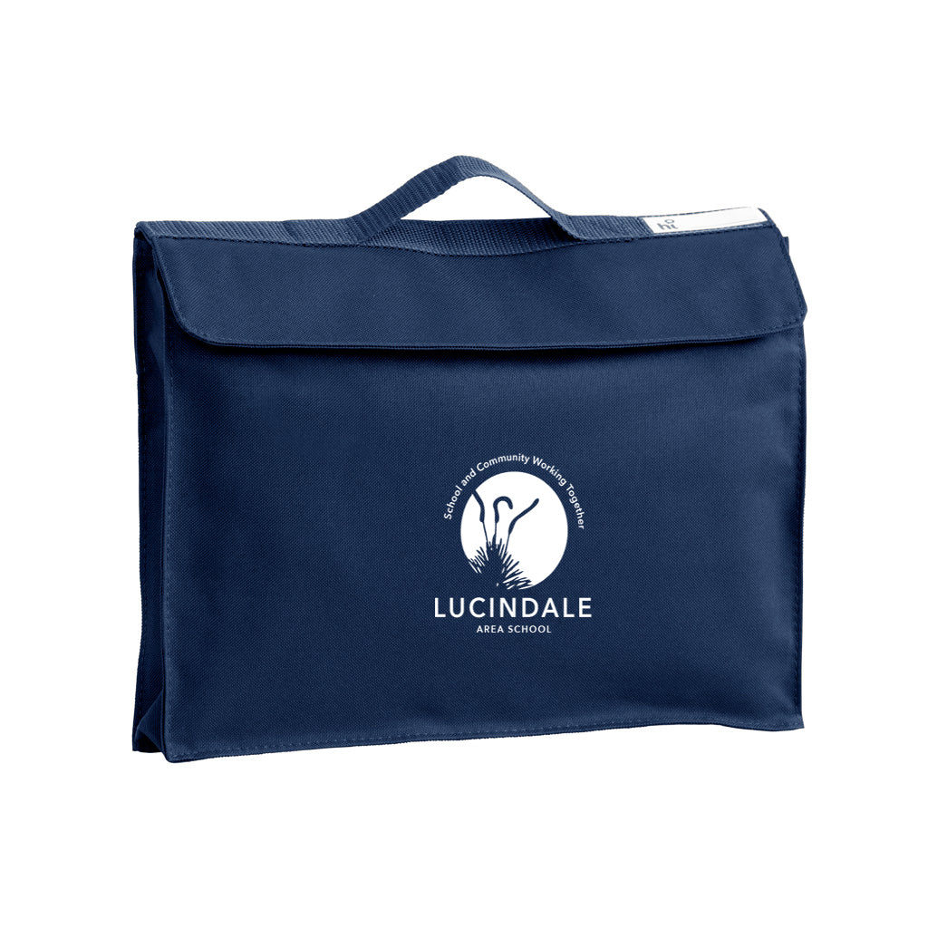 Harlequin Premier Library Bag in Navy displaying carry handle and velcro pocket opening with Lucindale School logo