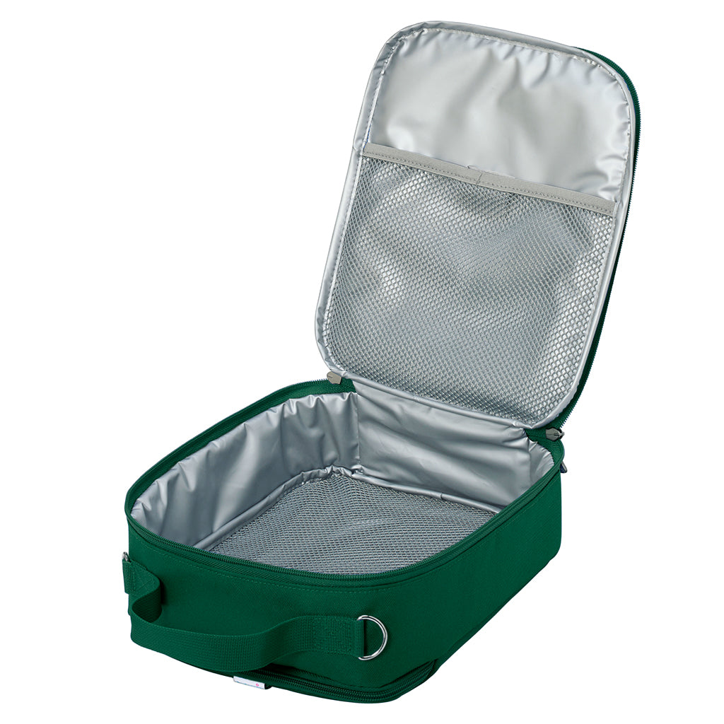 Harlequin lunch bag in green open angle displaying mesh cold brick holder, and insulated lining