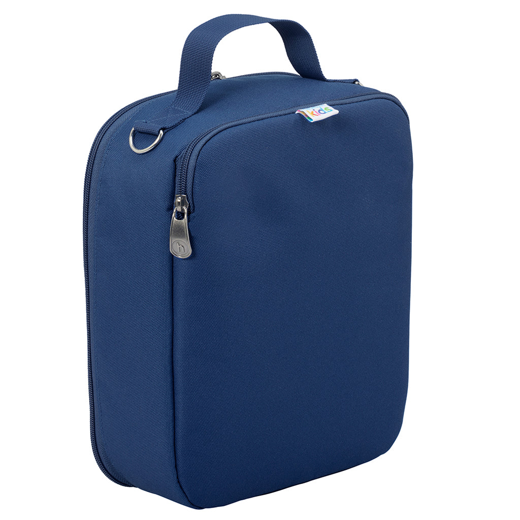 Harlequin lunch bag in navy back angle displaying carry handle, and durable water repellent material