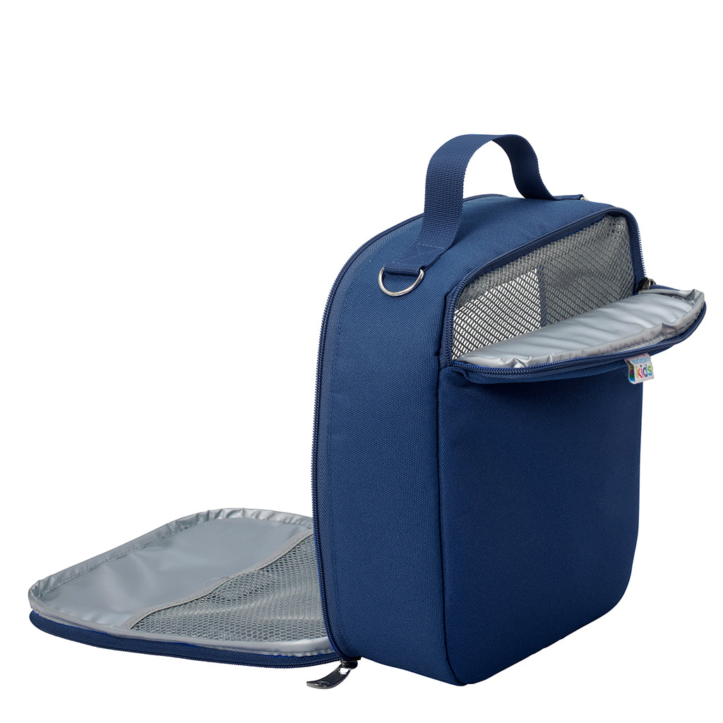 Harlequin lunch bag in navy open angle displaying mesh cold brick holder, and insulated lining