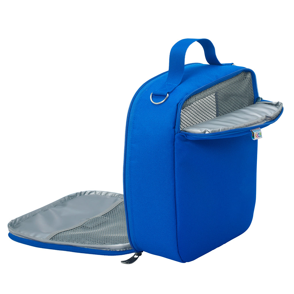 Harlequin lunch bag in royal open angle displaying mesh cold brick holder, and insulated lining