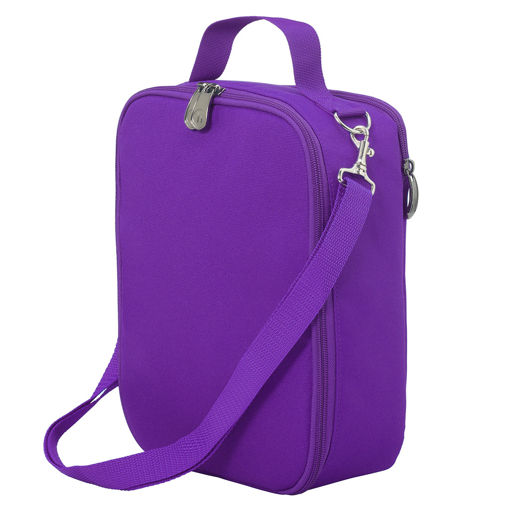 Harlequin large lunch bag in Purple with quality zips, d-ring, a cold brick pocket, fully lined, food safe with a personalised design on the front.