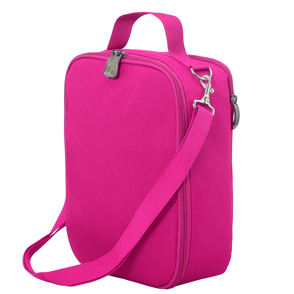 Harlequin large lunch bag in Hot Pink with quality zips, d-ring, a cold brick pocket, fully lined, food safe with a personalised design on the front.