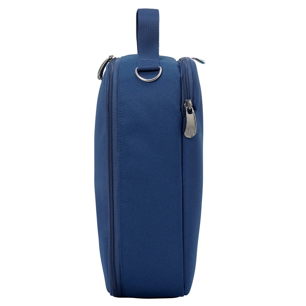 Harlequin lunch bag in navy side angle displaying carry handle, and durable water repellent material