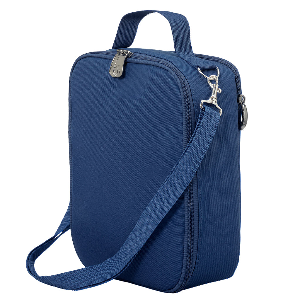 Harlequin large lunch bag in Navy with quality zips, d-ring, a cold brick pocket, fully lined, food safe with a personalised design on the front.