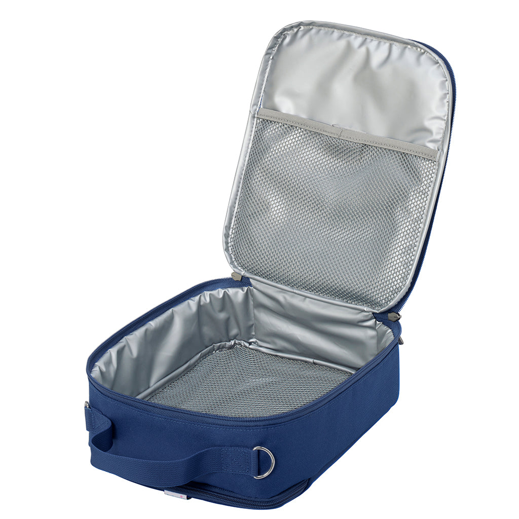 Harlequin lunch bag in navy open angle displaying mesh cold brick holder, and insulated lining