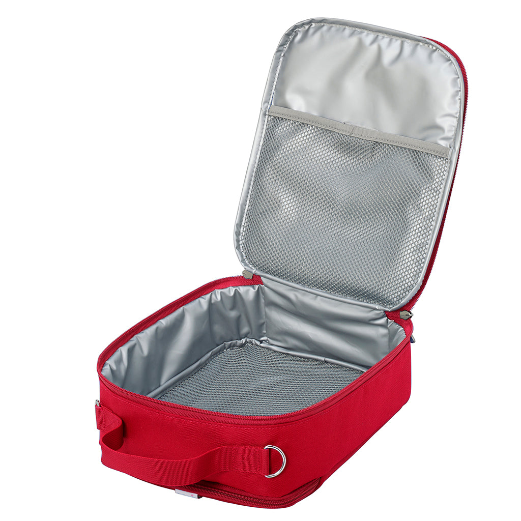 Harlequin lunch bag in red open angle displaying mesh cold brick holder, and insulated lining