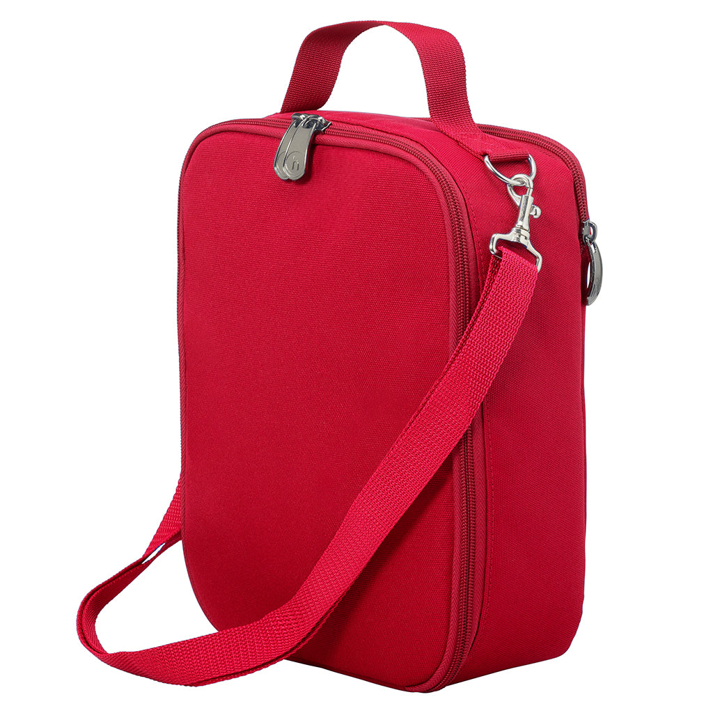 Harlequin large lunch bag in Red with quality zips, d-ring, a cold brick pocket, fully lined, food safe with a personalised design on the front.