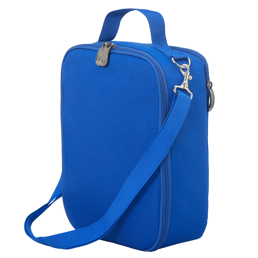 Harlequin large lunch bag in Royal with quality zips, d-ring, a cold brick pocket, fully lined, food safe with a personalised design on the front.