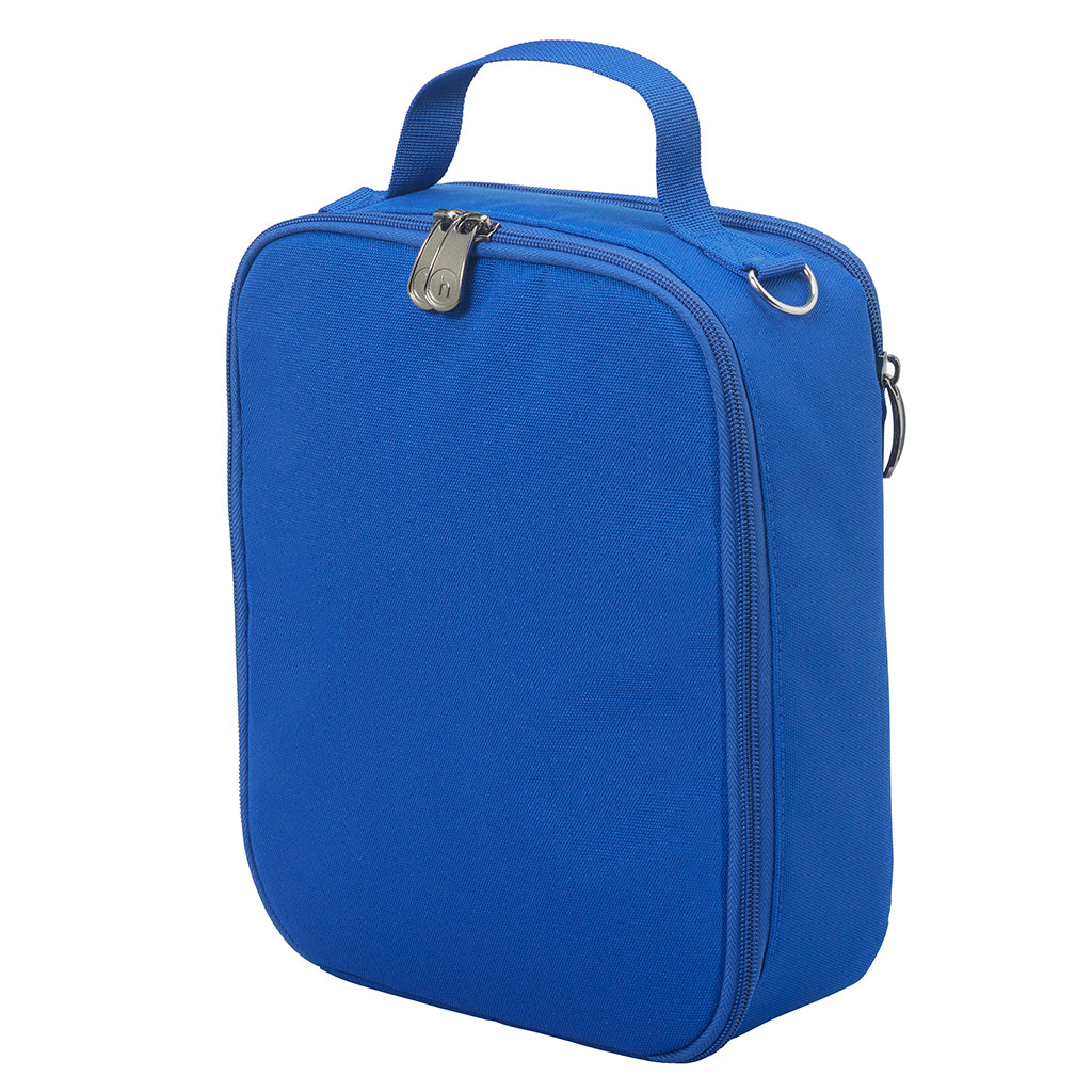 Harlequin large lunch bag in Royal blue with quality zips, d-ring, a cold brick pocket, fully lined, food safe with a personalised design on the front.