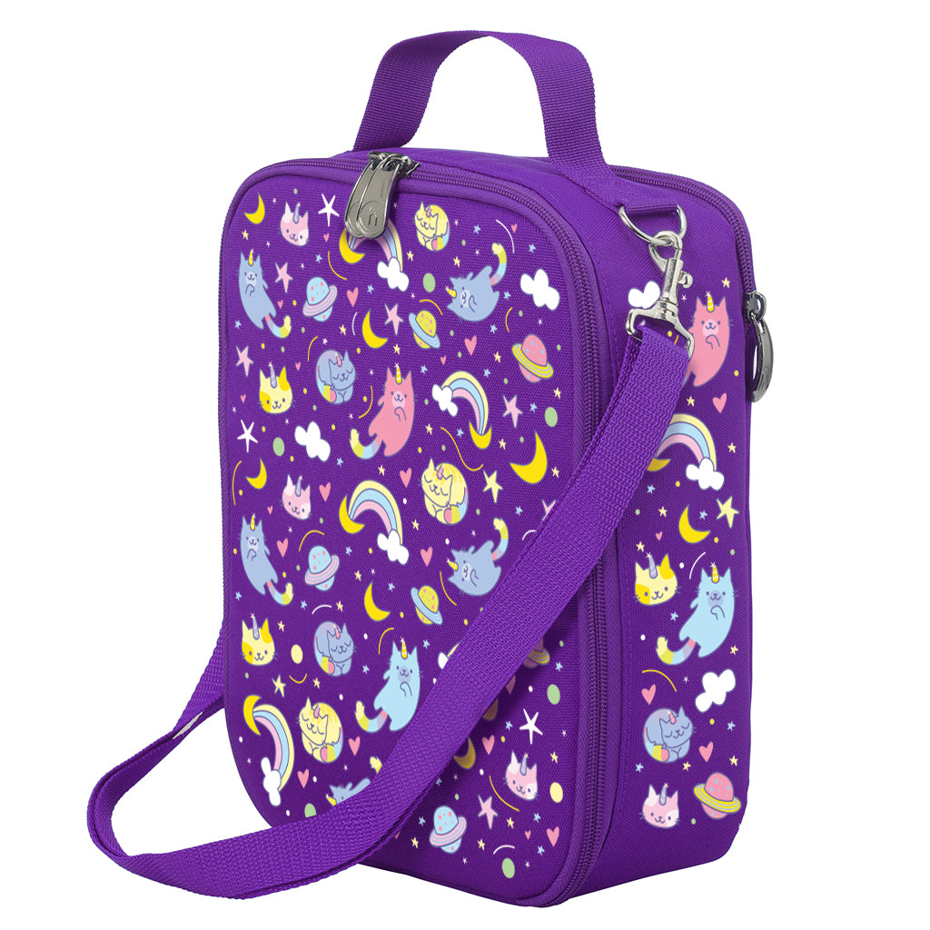 Harlequin Large Lunch bag in Purple with Kittycorn design from the Harlequin Creatix Signature Series. Front angle view displaying top handle, quality zippers and D-Rings with additional shoulder strap.