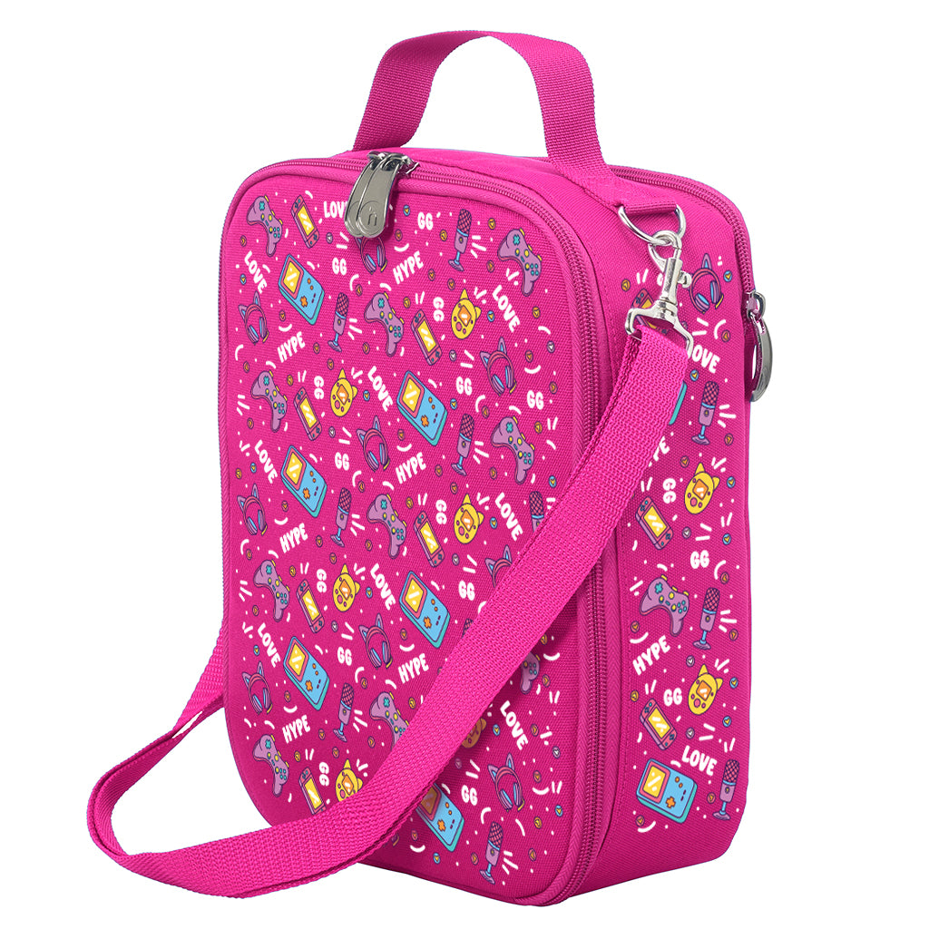 Harlequin Large Lunch bag in Pink with Pixel Chick design from the Harlequin Creatix Signature Series. Front angle view displaying top handle, quality zippers and D-Rings with additional shoulder strap.