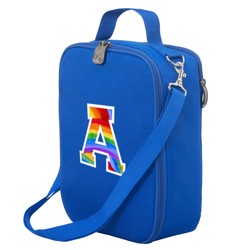 Harlequin large school lunch bag in Royal blue with quality zips, d-ring, a cold brick pocket, fully lined, food safe with a personalised design on the front.