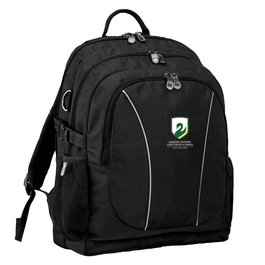 Maroochydore State High School front angle view of the Genius Backpack in colour Black, featuring anatomical zippers, buckles, three pockets, reflective piping, retractable side support straps, water bottle pocket, and D-ring keychain holder
