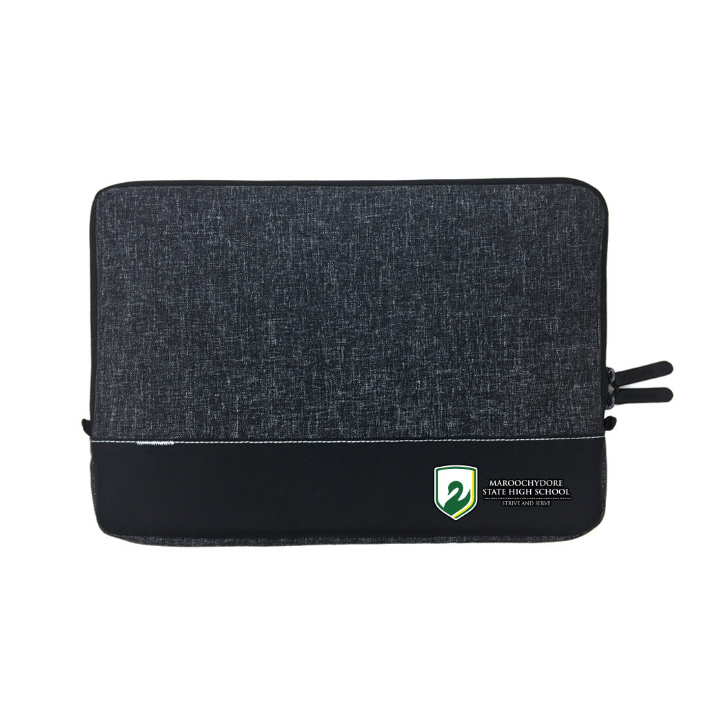 Front view of a Black 13 inch laptop sleeve with mixed fabric detail and visible stitching,