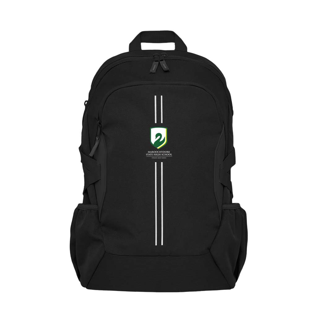 Black Harlequin Quantum Bag front view with two compartments with zip closure, light reflectors on the front pocket and adjustable straps and bottle holder on the sides of the bag and Maroochydore State High School logo