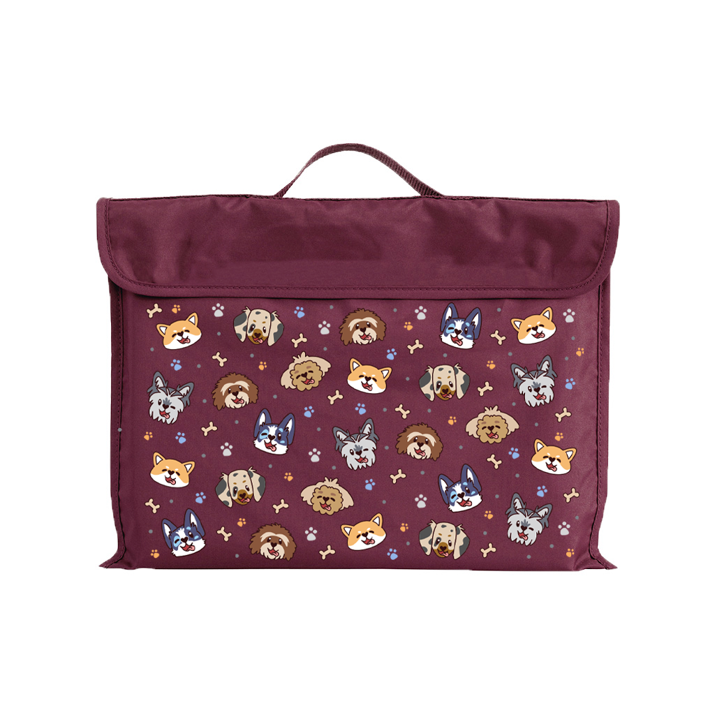 Harlequin Eco Library bag in Maroon with Puppy Pals design from the Harlequin Creatix Signature Series. Front view displaying carry handle, velcro flap opening, and PET recycled water repellent fabric.