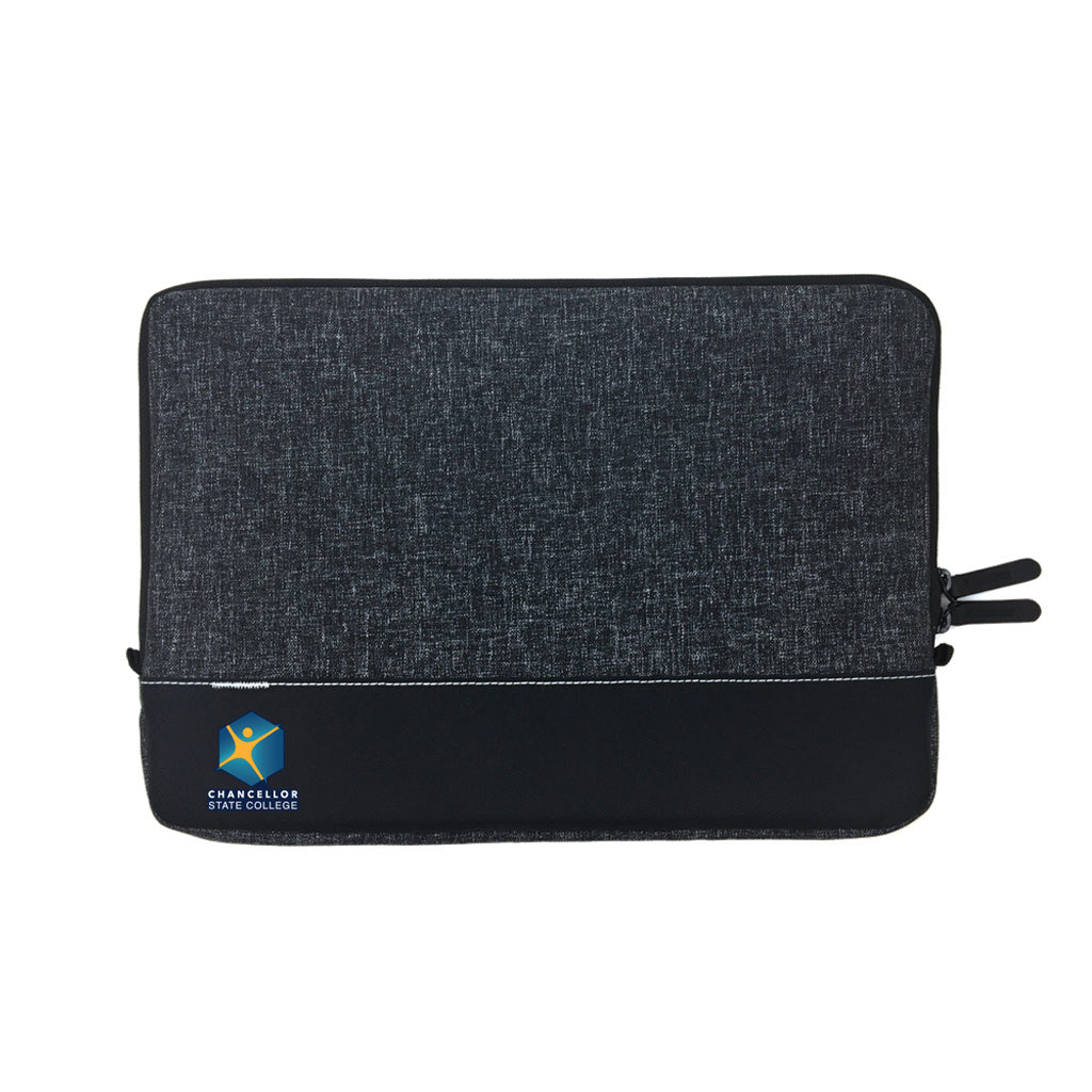 Front view of a Black 13 inch laptop sleeve with mixed fabric detail and visible stitching,