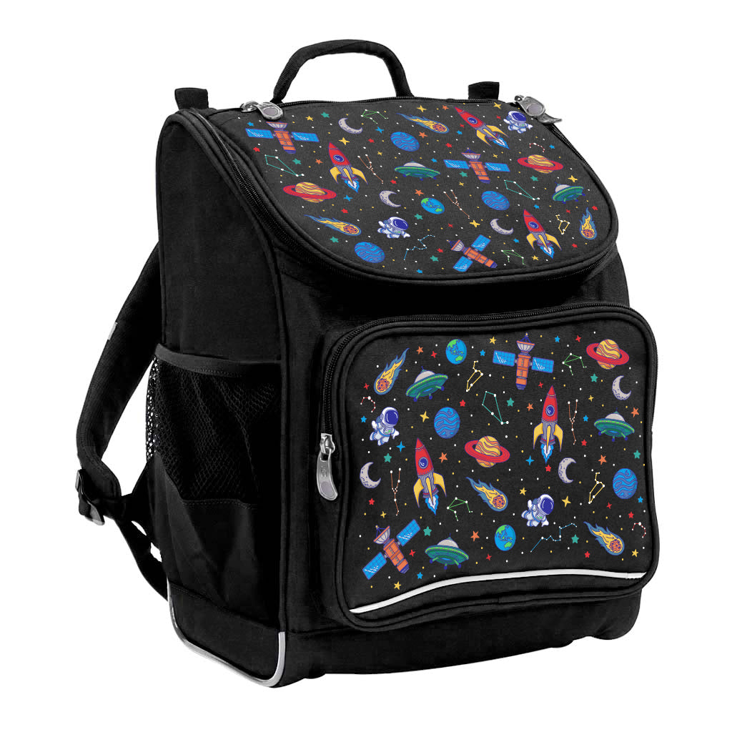 Harlequin Mighty Tuff-Pack Junior Backpack in Black featuring Galaxy Boy design from the Harlequin Creatix signature series. Front side angle displaying carry handle, padded shoulder straps, top zipper compartment, front zipper pocket and mesh water bottle holder.