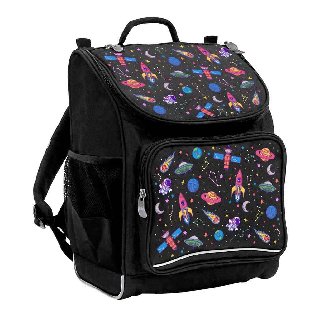 Harlequin Mighty Tuff-Pack Junior Backpack in Black with the Galaxy Girl design from the Harlequin Creatix signature series. Front side angle displaying carry handle, padded shoulder straps, top zipper compartment, front zipper pocket and mesh water bottle holder.