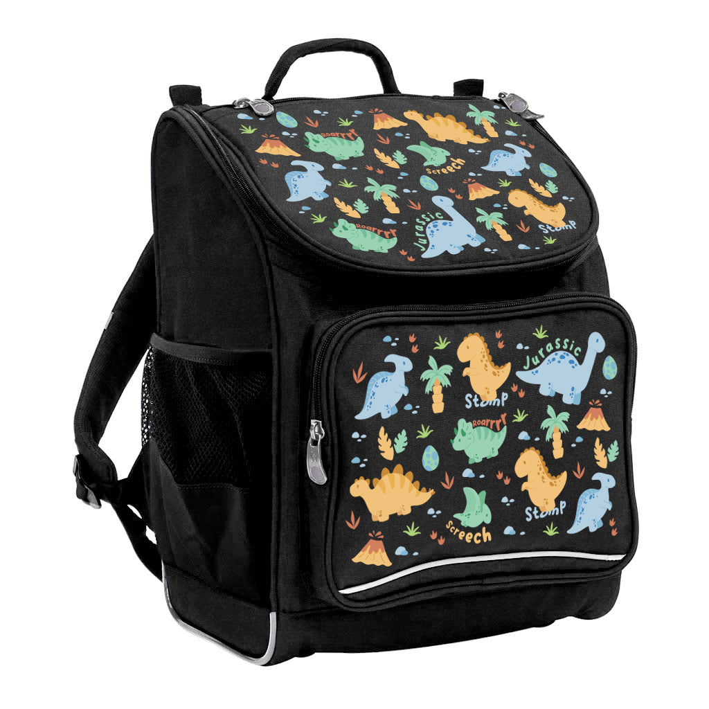 Harlequin Mighty Tuff-Pack Backpack in Black with the Jurassic design from the Harlequin Creatix signature series. Front side angle displaying carry handle, padded shoulder straps, top zipper compartment, front zipper pocket and mesh water bottle holder.