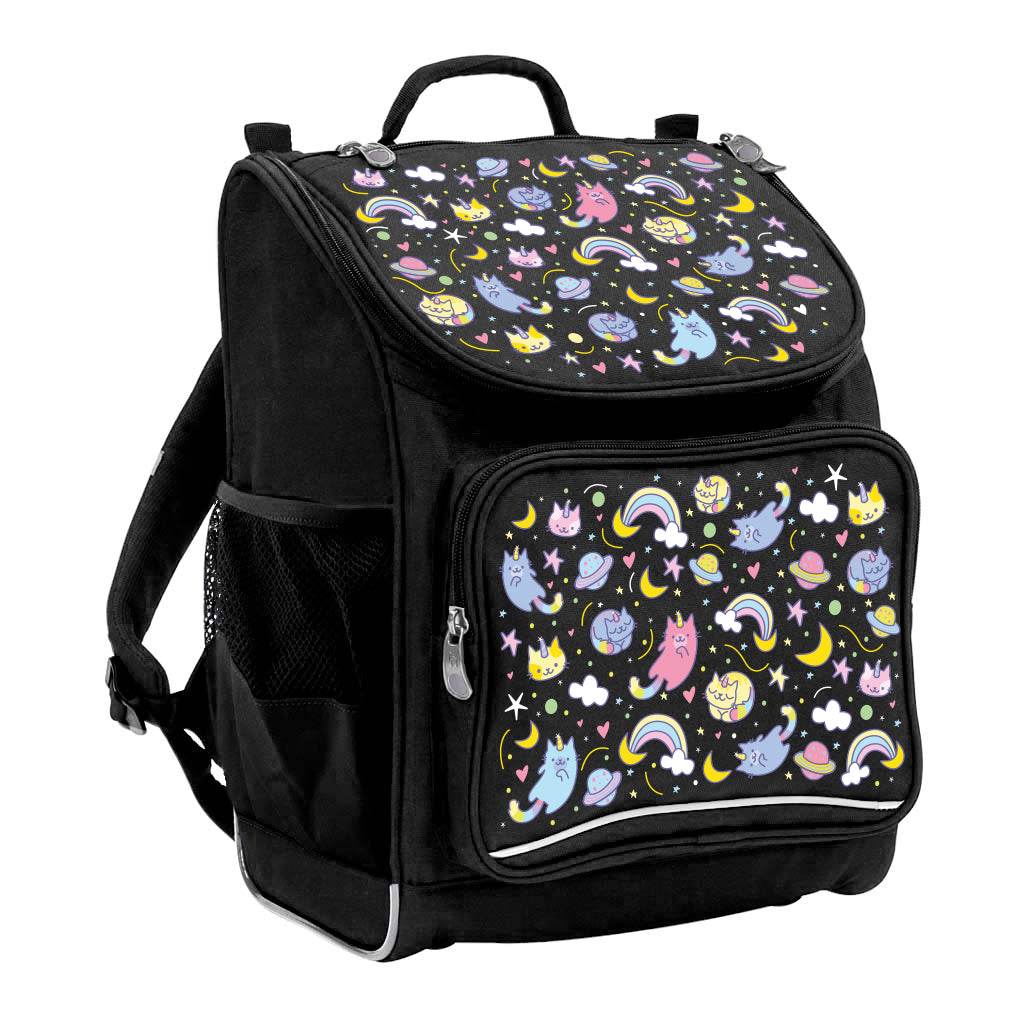 Harlequin Mighty Tuff-Pack Backpack in Black featuring Kittycorn design from the Harlequin Creatix signature series. Front side angle displaying carry handle, padded shoulder straps, top zipper compartment, front zipper pocket and mesh water bottle holder.