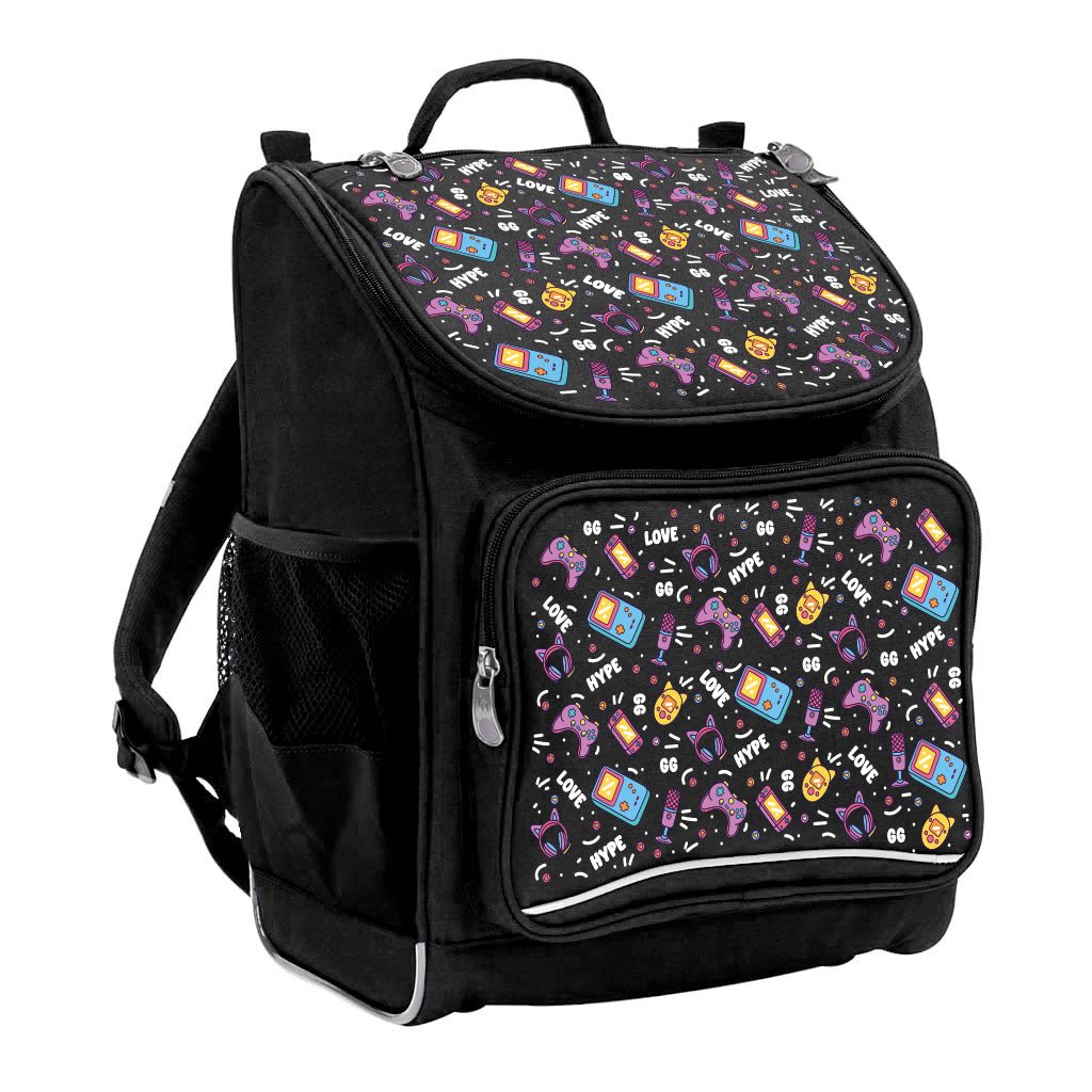Harlequin Mighty Tuff-Pack Junior Backpack in Black with the Pixel Chick design from the Harlequin Creatix signature series. Front side angle displaying carry handle, padded shoulder straps, top zipper compartment, front zipper pocket and mesh water bottle holder.