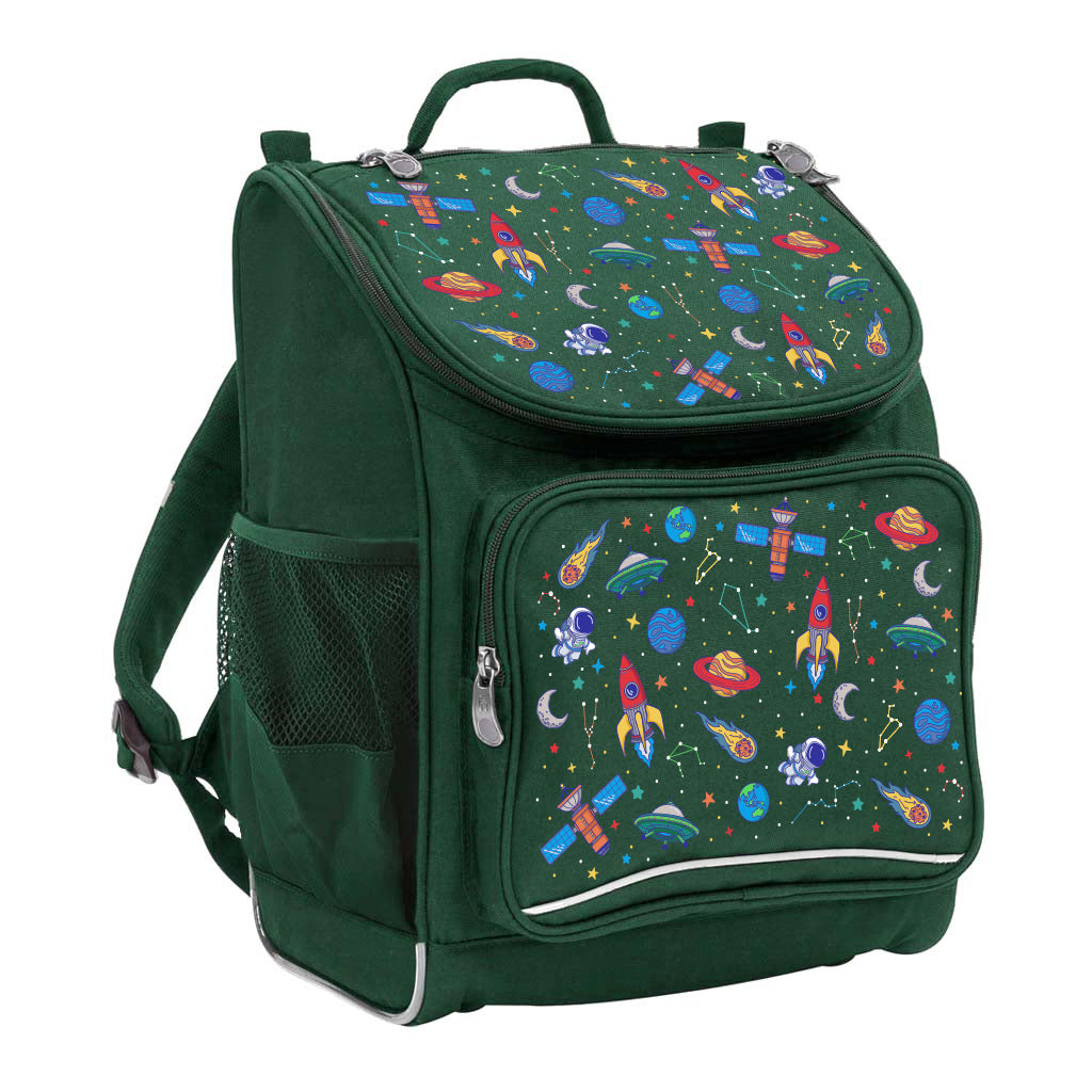 Harlequin Mighty Tuff-Pack Junior Backpack in Green featuring Galaxy Boy design from the Harlequin Creatix signature series. Front side angle displaying carry handle, padded shoulder straps, top zipper compartment, front zipper pocket and mesh water bottle holder.