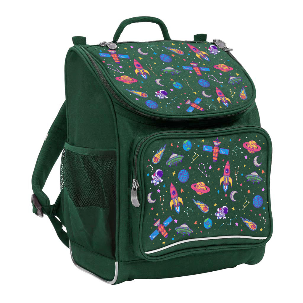Harlequin Mighty Tuff-Pack Junior Backpack in Green with the Galaxy Girl design from the Harlequin Creatix signature series. Front side angle displaying carry handle, padded shoulder straps, top zipper compartment, front zipper pocket and mesh water bottle holder.